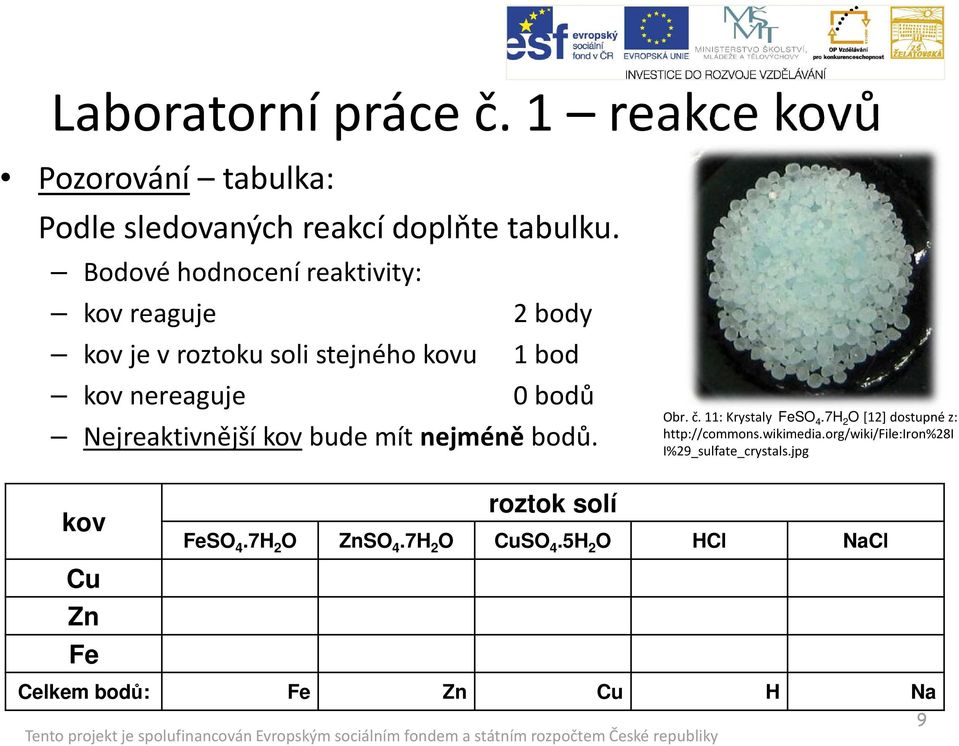 Nejreaktivnější kov bude mít nejméně bodů. Obr. č. 11: Krystaly FeSO 4.7H 2 O [12] dostupné z: http://commons.wikimedia.