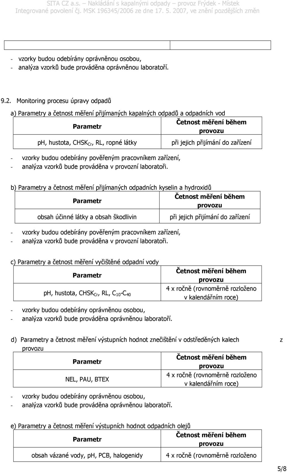 pověřeným pracovníkem zařízení, - analýza vzorků bude prováděna v provozní laboratoři.