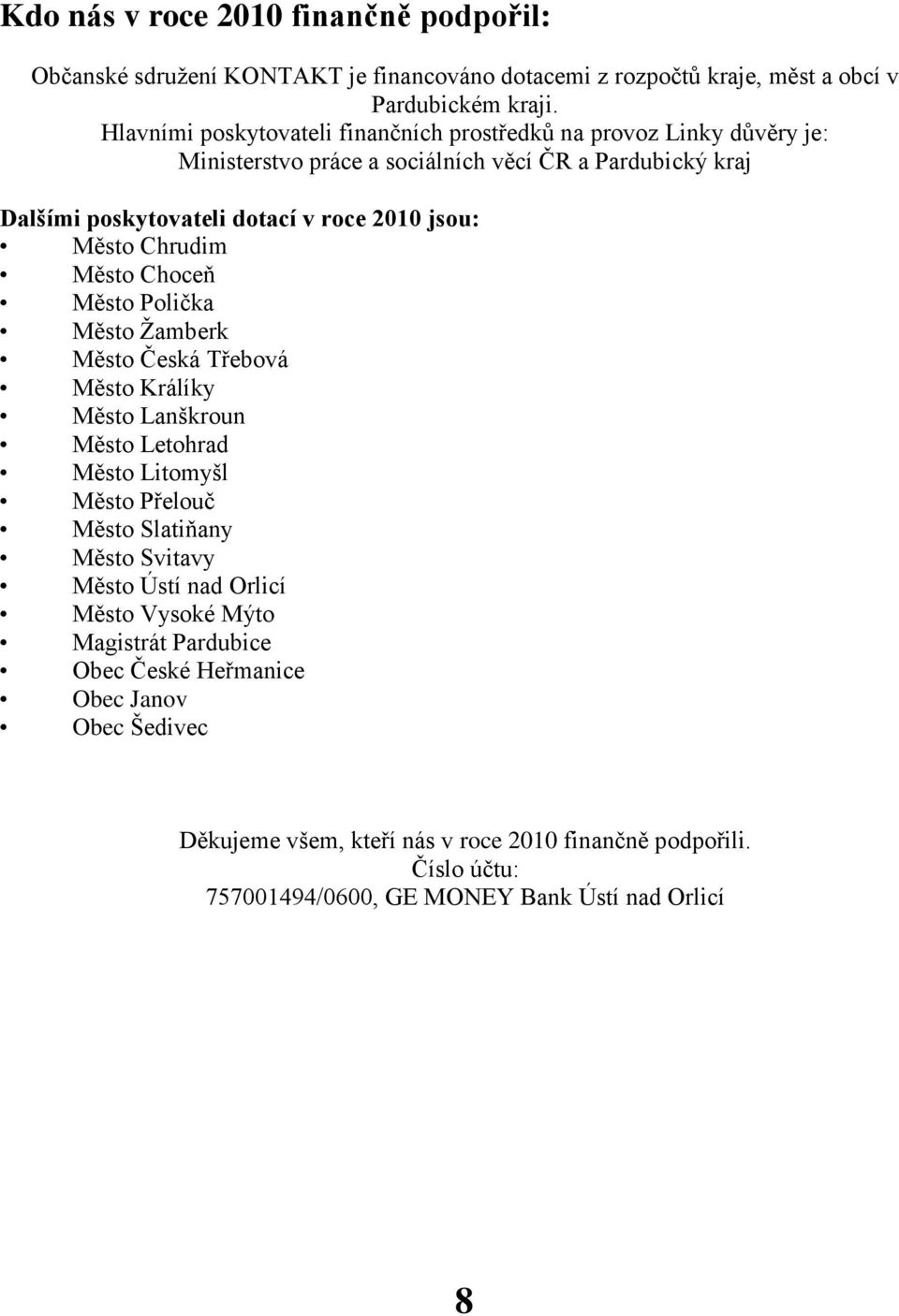 Město Chrudim Město Choceň Město Polička Město Ţamberk Město Česká Třebová Město Králíky Město Lanškroun Město Letohrad Město Litomyšl Město Přelouč Město Slatiňany Město Svitavy