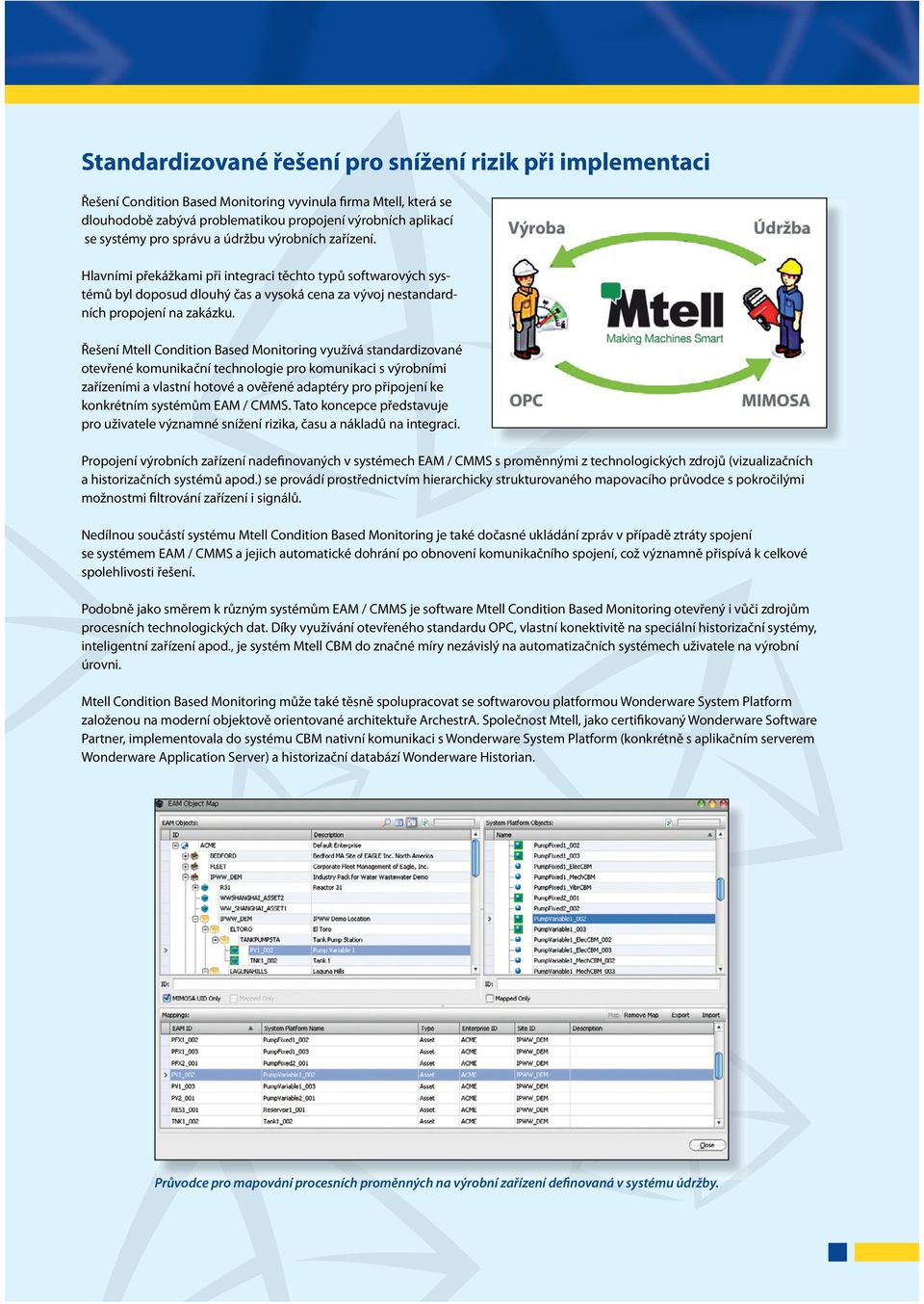 Řešení Mtell Condition Based Monitoring využívá standardizované otevřené komunikační technologie pro komunikaci s výrobními zařízeními a vlastní hotové a ověřené adaptéry pro připojení ke konkrétním