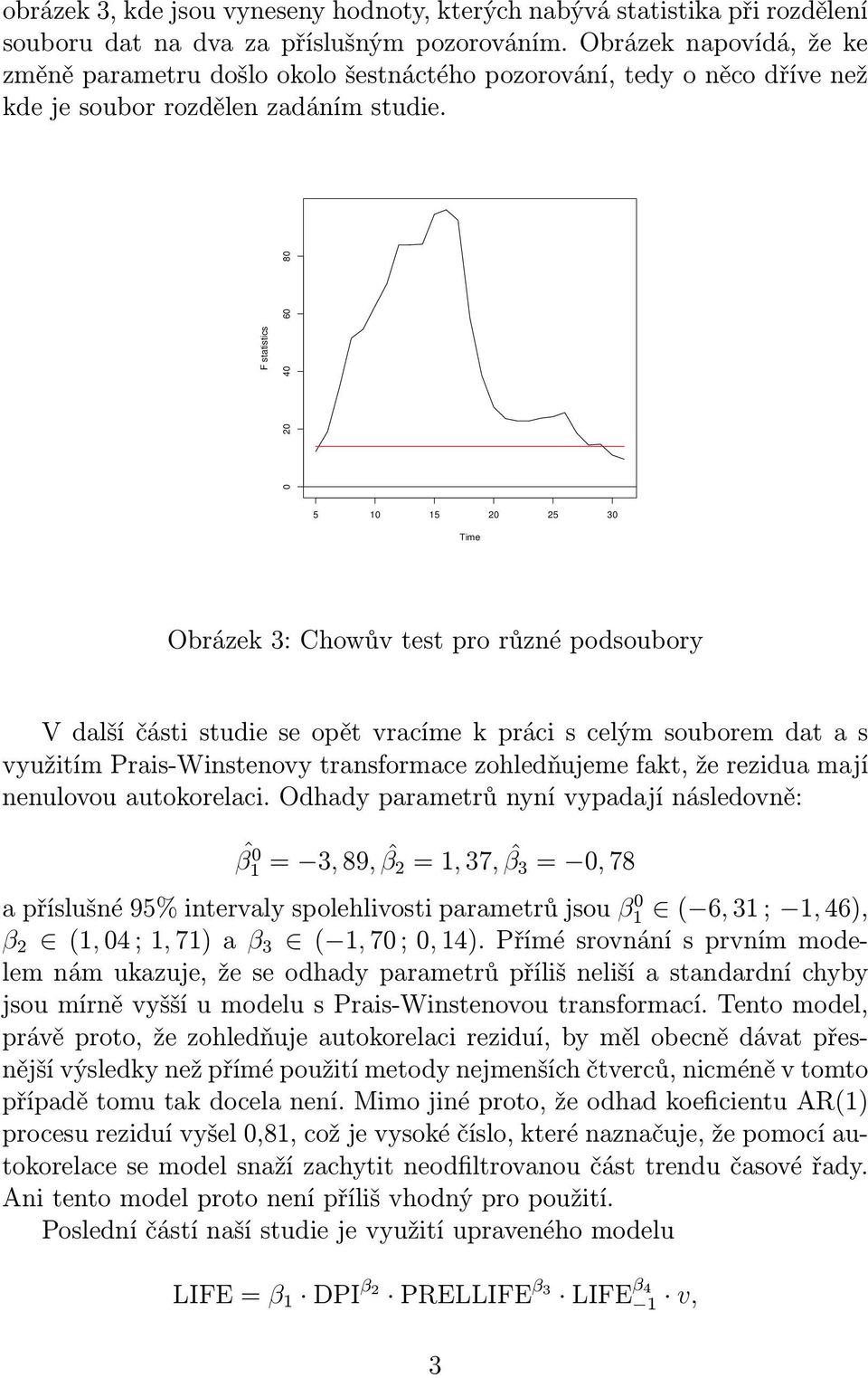 F statistics 0 20 40 60 80 5 10 15 20 25 30 Time Obrázek 3: Chowův test pro různé podsoubory V další části studie se opět vracíme k práci s celým souborem dat a s využitím Prais-Winstenovy