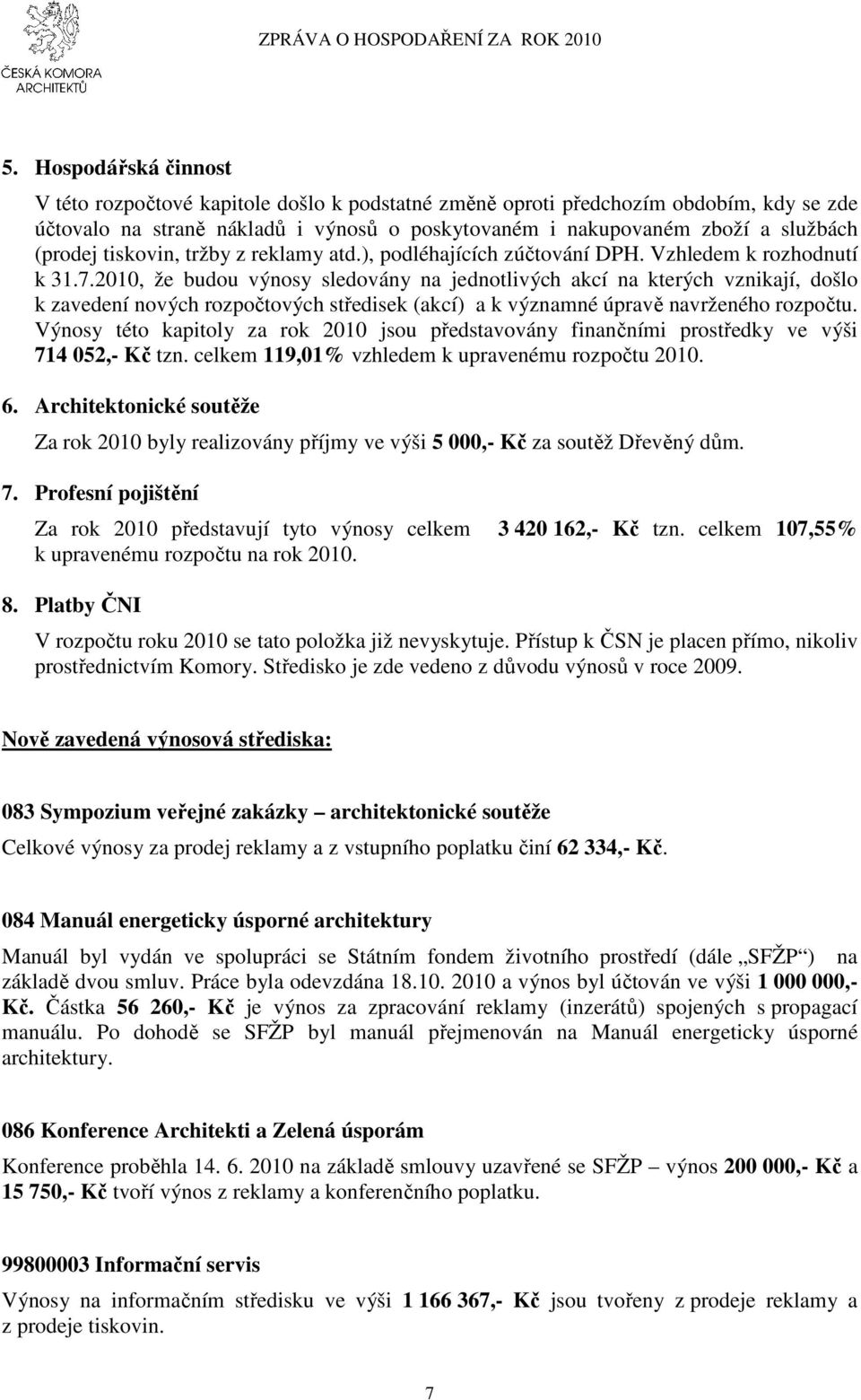 2010, že budou výnosy sledovány na jednotlivých akcí na kterých vznikají, došlo k zavedení nových rozpočtových středisek (akcí) a k významné úpravě navrženého rozpočtu.