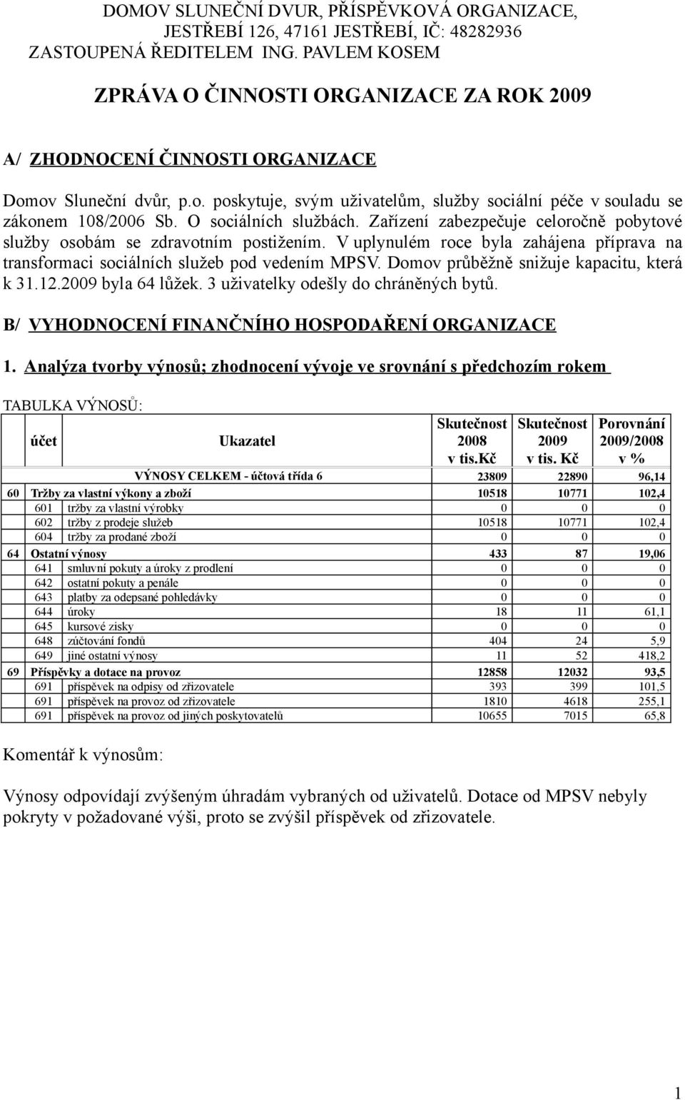 O sociálních službách. Zařízení zabezpečuje celoročně pobytové služby osobám se zdravotním postižením. V uplynulém roce byla zahájena příprava na transformaci sociálních služeb pod vedením MPSV.