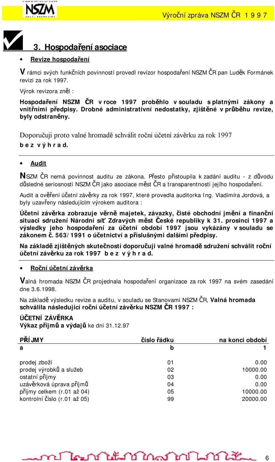 Doporučuji proto valné hromadě schválit roční účetní závěrku za rok 1997 b e z v ý h r a d. Audit NSZM ČR nemá povinnost auditu ze zákona.