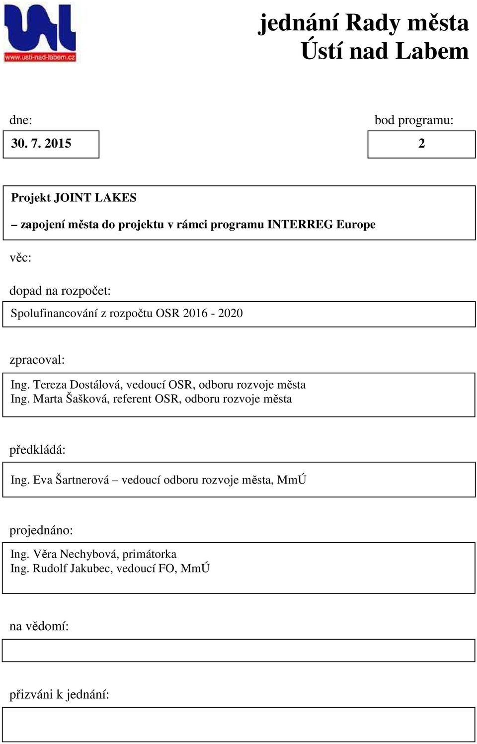 Spolufinancování z rozpočtu OSR 2016-2020 zpracoval: Ing. Tereza Dostálová, vedoucí OSR, odboru rozvoje města Ing.