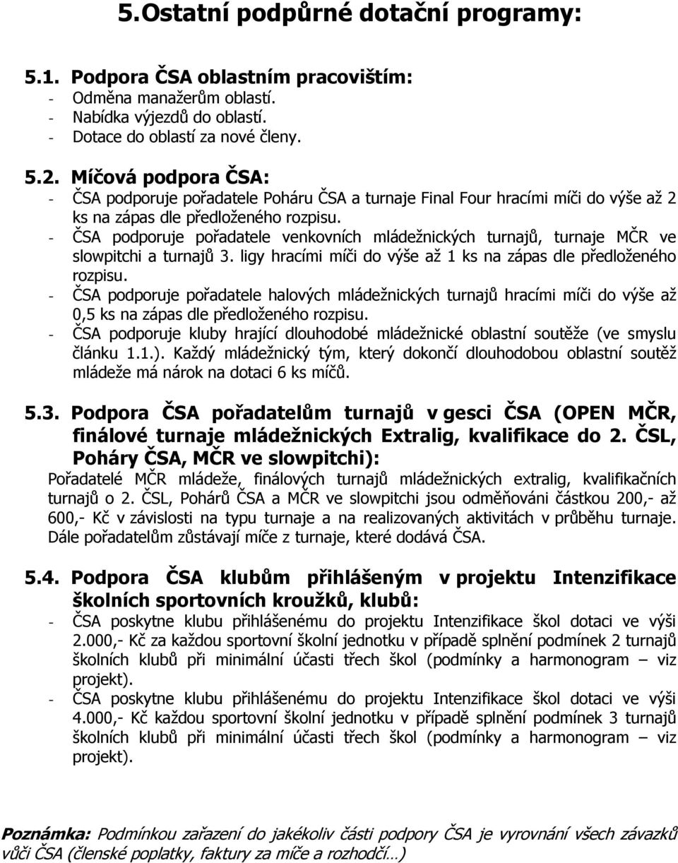 - ČSA podporuje pořadatele venkovních mládežnických turnajů, turnaje MČR ve slowpitchi a turnajů 3. ligy hracími míči do výše až 1 ks na zápas dle předloženého rozpisu.