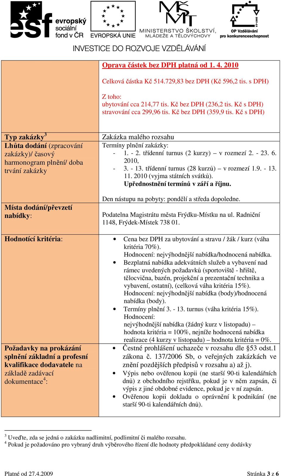 Kč s DPH) Typ zakázky 3 Lhůta dodání (zpracování zakázky)/ časový harmonogram plnění/ doba trvání zakázky Místa dodání/převzetí nabídky: Zakázka malého rozsahu Termíny plnění zakázky: - 1. - 2.