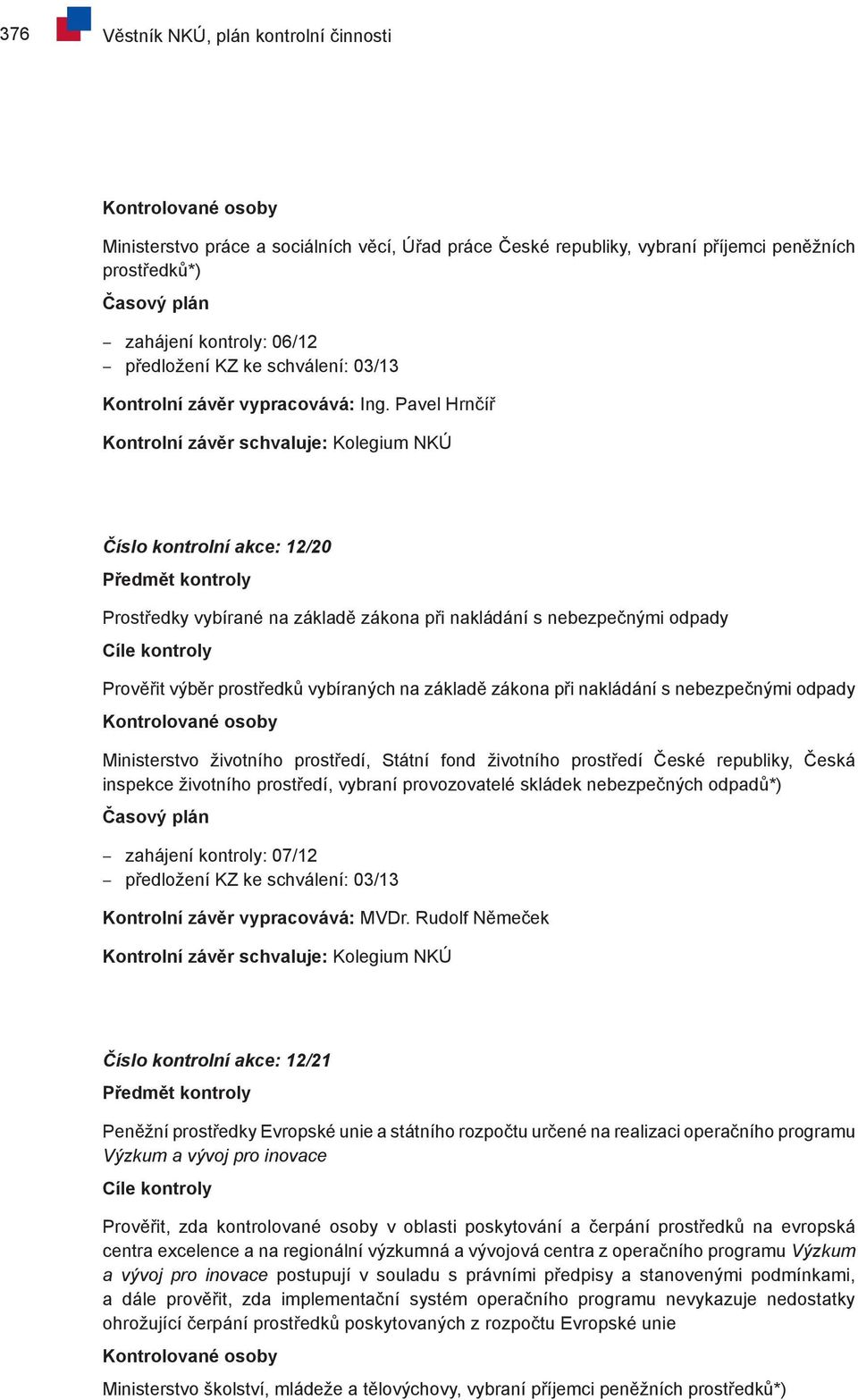 Pavel Hrnčíř Číslo kontrolní akce: 12/20 Prostředky vybírané na základě zákona při nakládání s nebezpečnými odpady Prověřit výběr prostředků vybíraných na základě zákona při nakládání s nebezpečnými