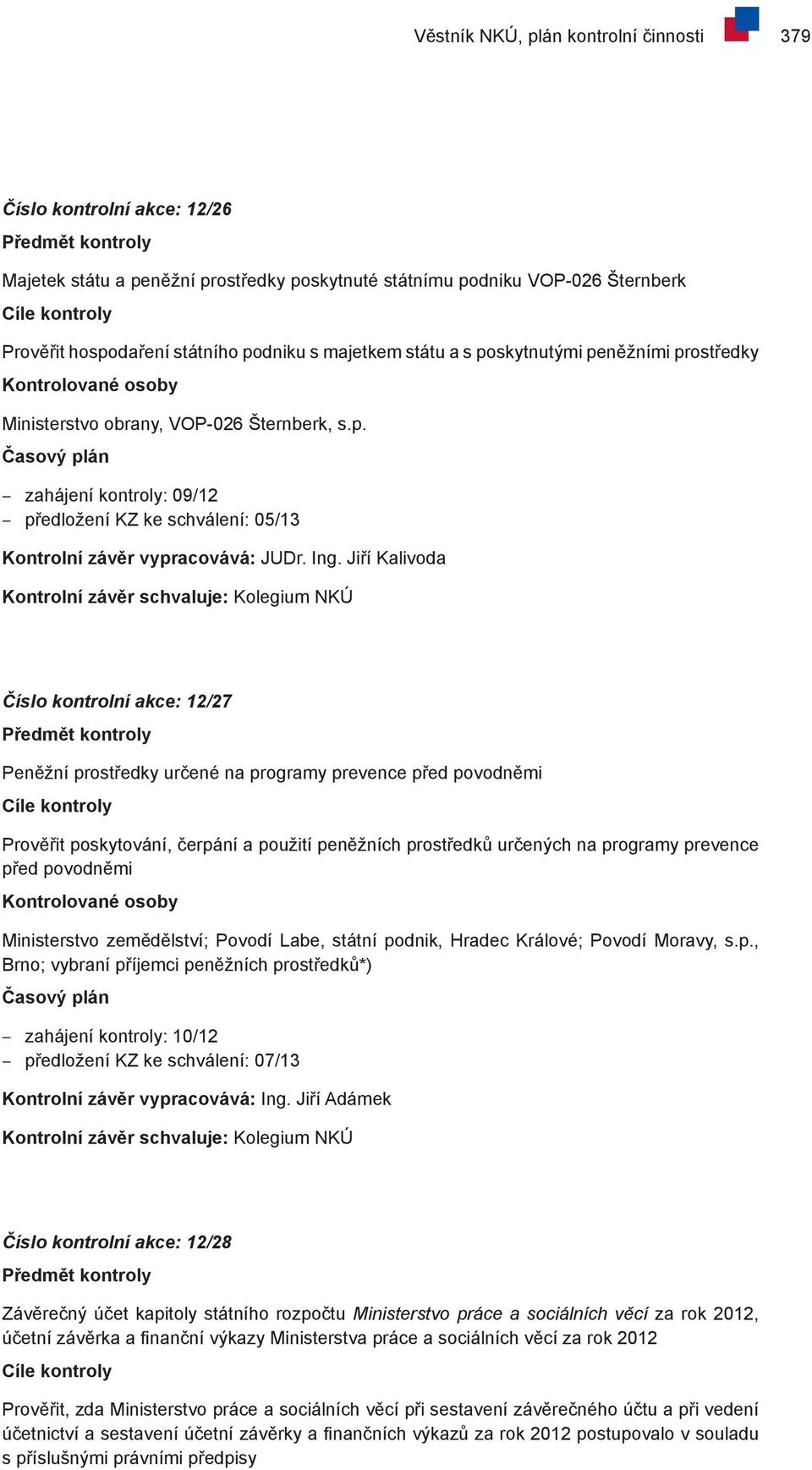 Jiří Kalivoda Číslo kontrolní akce: 12/27 Peněžní prostředky určené na programy prevence před povodněmi Prověřit poskytování, čerpání a použití peněžních prostředků určených na programy prevence před