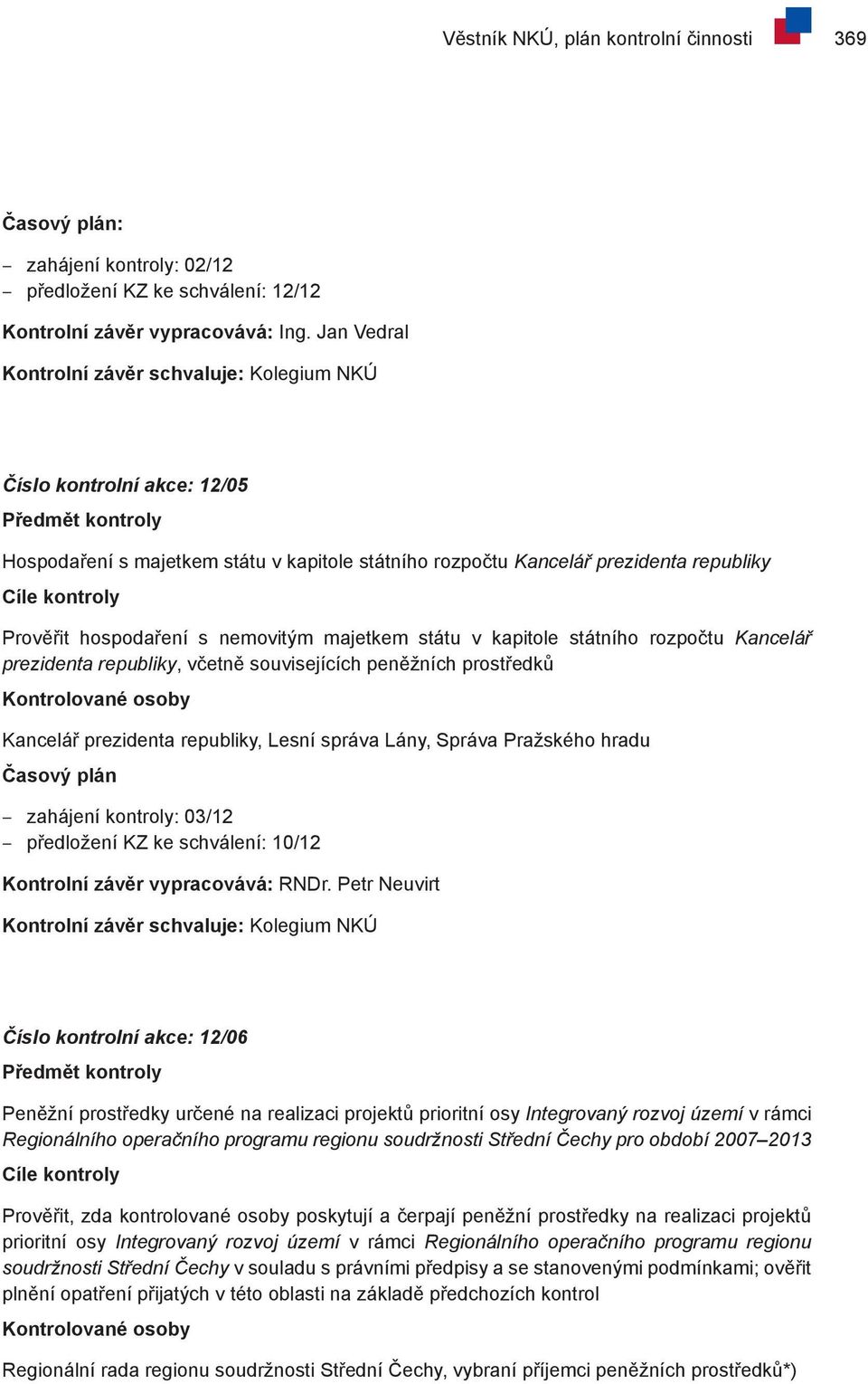 rozpočtu Kancelář prezidenta republiky, včetně souvisejících peněžních prostředků Kancelář prezidenta republiky, Lesní správa Lány, Správa Pražského hradu zahájení kontroly: 03/12 předložení KZ ke