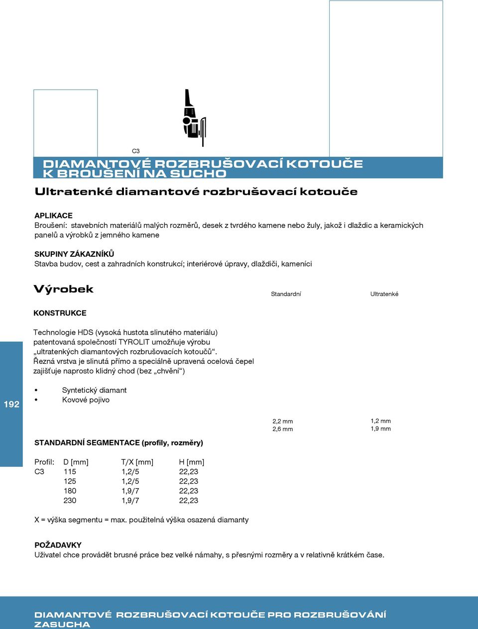 slinutého materiálu) patentovaná společností TYROLIT umožňuje výrobu ultratenkých diamantových rozbrušovacích kotoučů.