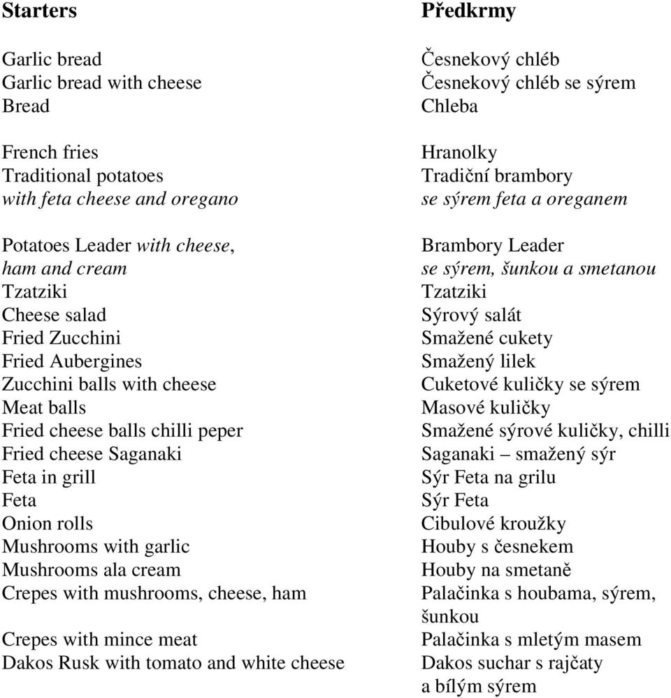 mushrooms, cheese, ham Crepes with mince meat Dakos Rusk with tomato and white cheese Předkrmy Česnekový chléb Česnekový chléb se sýrem Chleba Hranolky Tradiční brambory se sýrem feta a oreganem