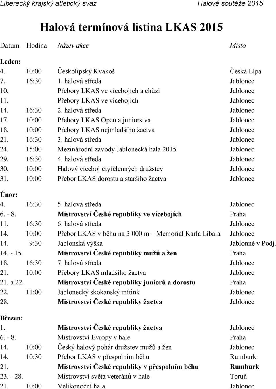 halová středa Jablonec 24. 15:00 Mezinárodní závody Jablonecká hala 2015 Jablonec 29. 16:30 4. halová středa Jablonec 30. 10:00 Halový víceboj čtyřčlenných družstev Jablonec 31.