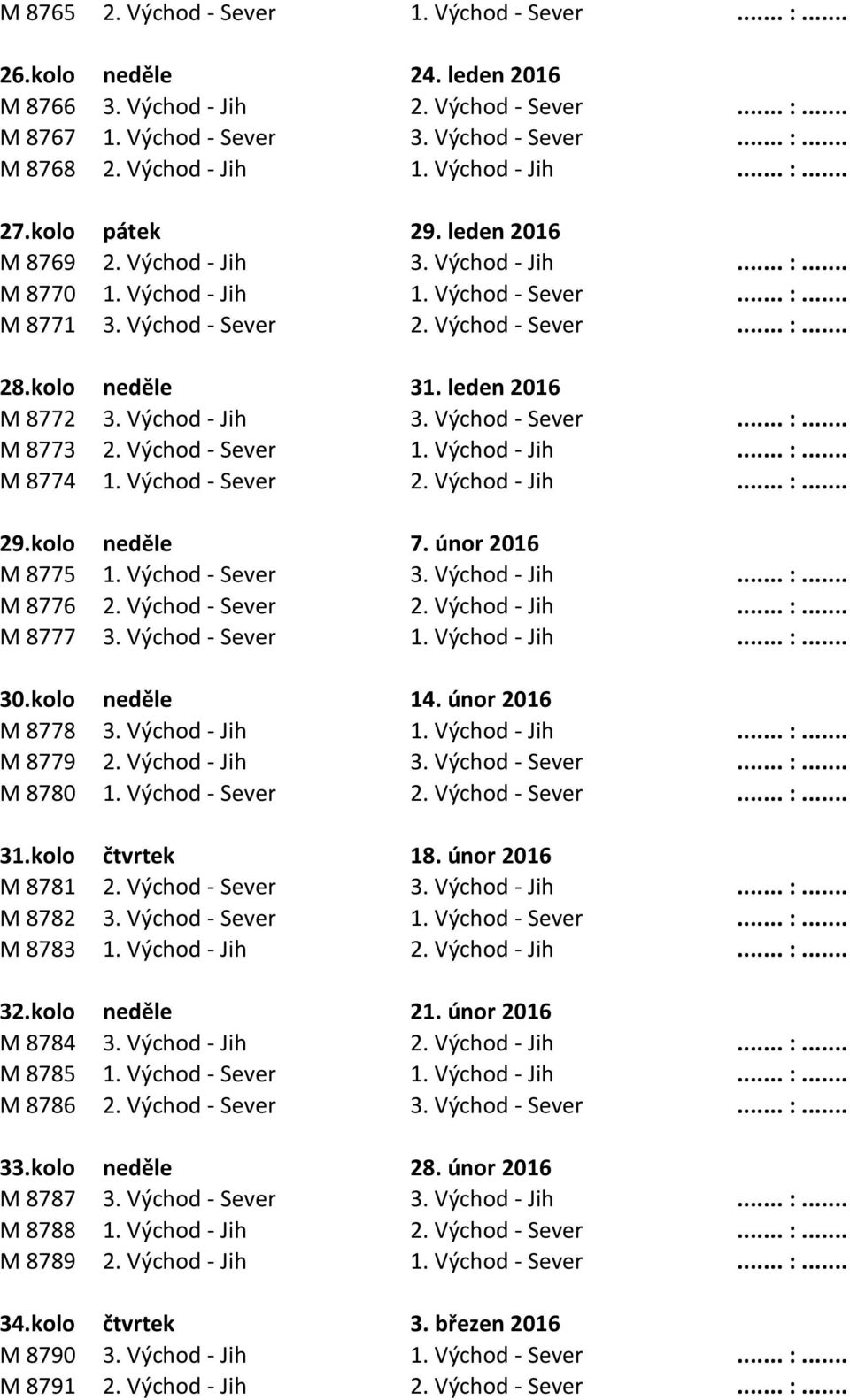 Východ - Sever... :... 28.kolo neděle 31. leden 2016 M 8772 3. Východ - Jih 3. Východ - Sever... :... M 8773 2. Východ - Sever 1. Východ - Jih... :... M 8774 1. Východ - Sever 2. Východ - Jih... :... 29.