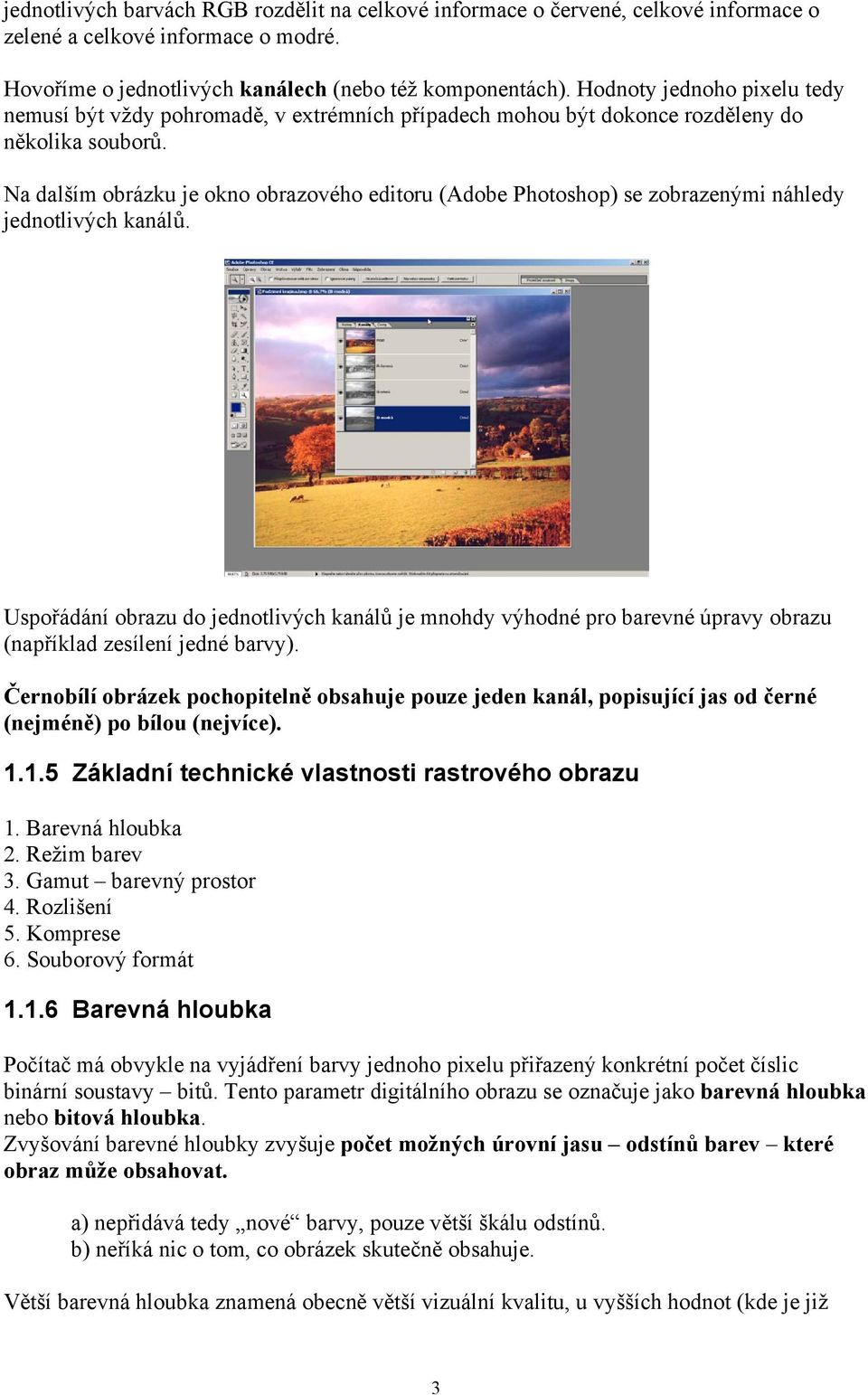 Na dalším obrázku je okno obrazového editoru (Adobe Photoshop) se zobrazenými náhledy jednotlivých kanálů.