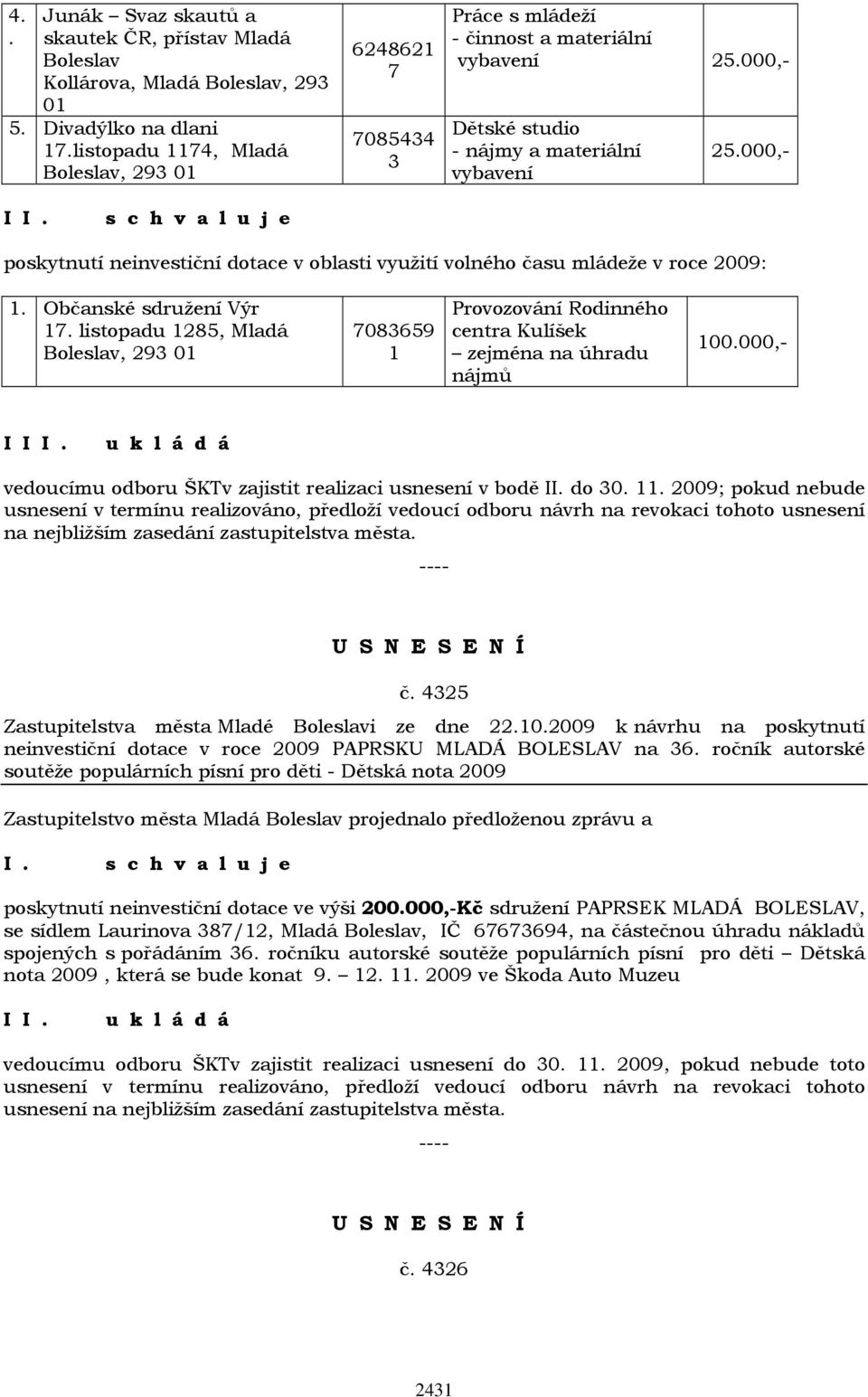 000,- I poskytnutí neinvestiční dotace v oblasti využití volného času mládeže v roce 2009: 1. Občanské sdružení Výr 17.