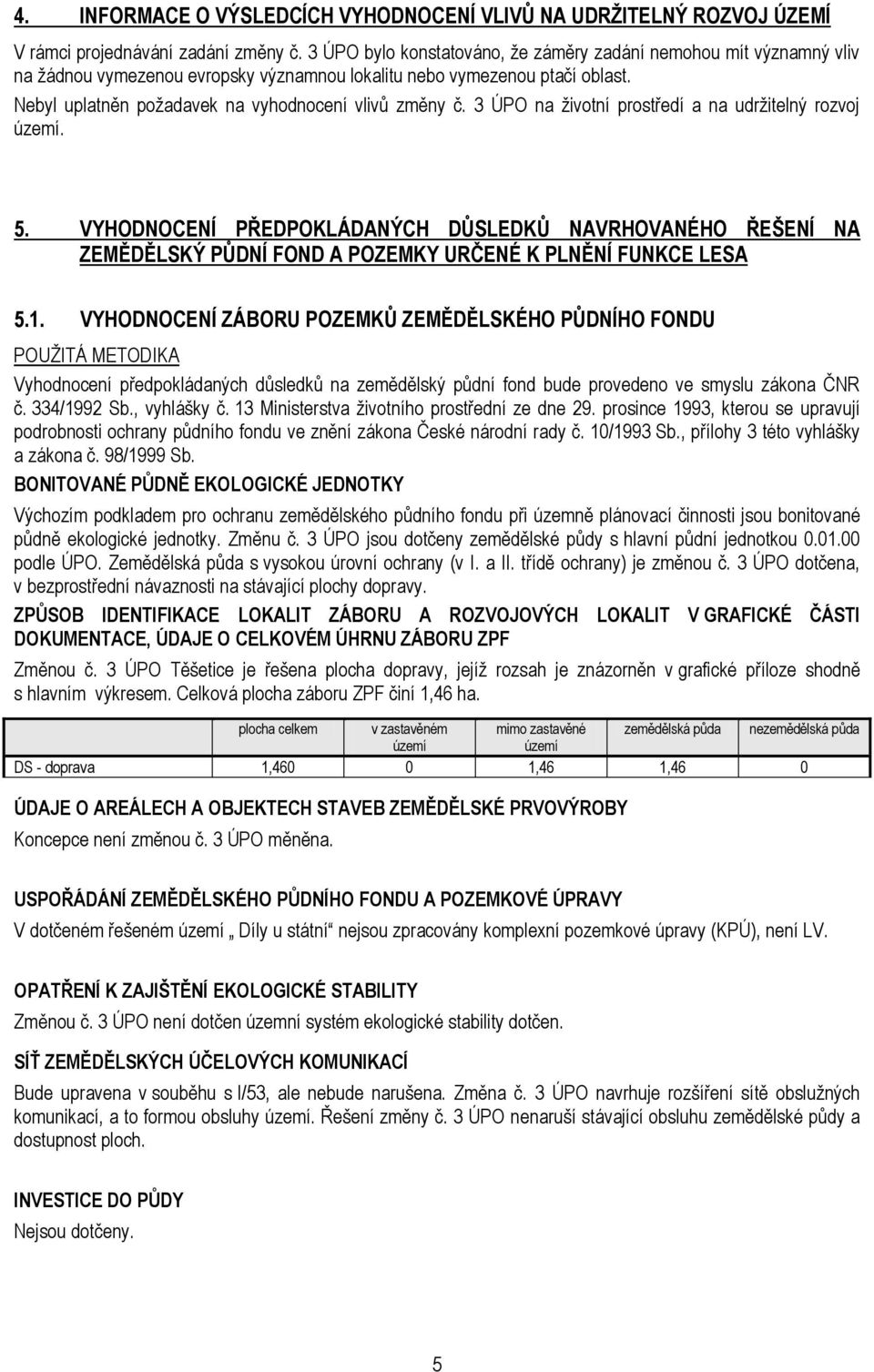 3 ÚPO na životní prostředí a na udržitelný rozvoj území. 5. VYHODNOCENÍ PŘEDPOKLÁDANÝCH DŮSLEDKŮ NAVRHOVANÉHO ŘEŠENÍ NA ZEMĚDĚLSKÝ PŮDNÍ FOND A POZEMKY URČENÉ K PLNĚNÍ FUNKCE LESA 5.1.