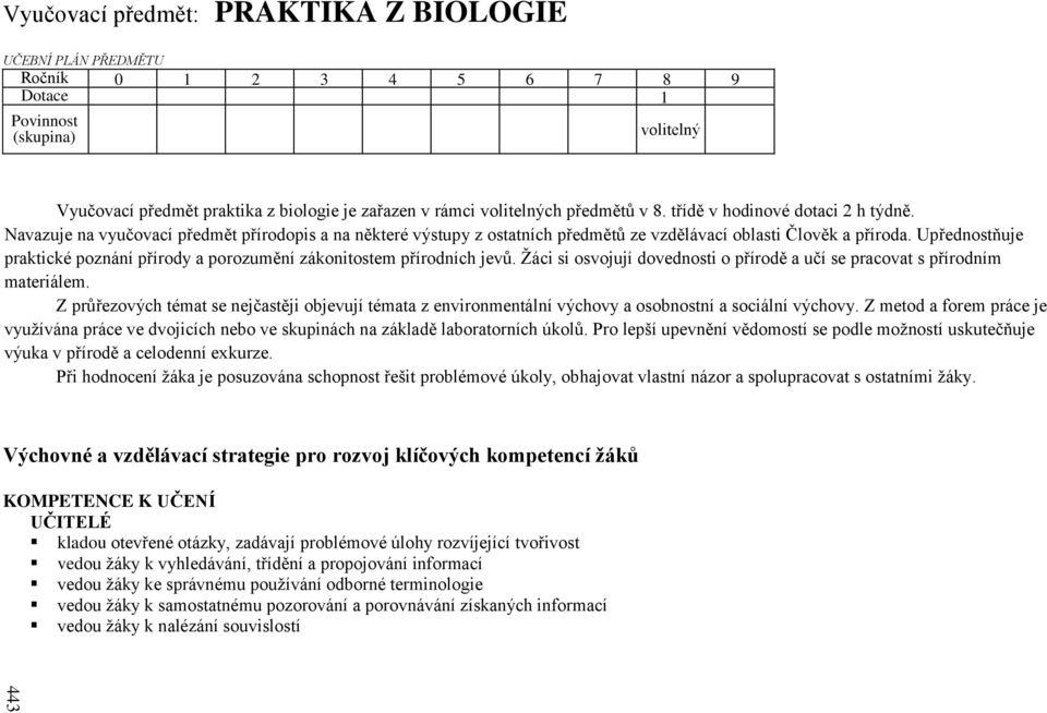 Upřednostňuje praktické poznání přírody a porozumění zákonitostem přírodních jevů. Žáci si osvojují dovednosti o přírodě a učí se pracovat s přírodním materiálem.