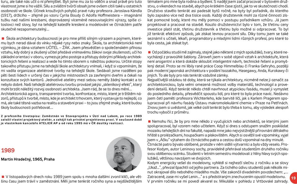 nesouvisejícími výrazy, spíše citoslovci než slovy, byl na tehdejší katedře kreslení a modelování ve čtrnáctém patře skutečně nezapomenutelný Škola architektury budoucnosti je pro mne příliš silným