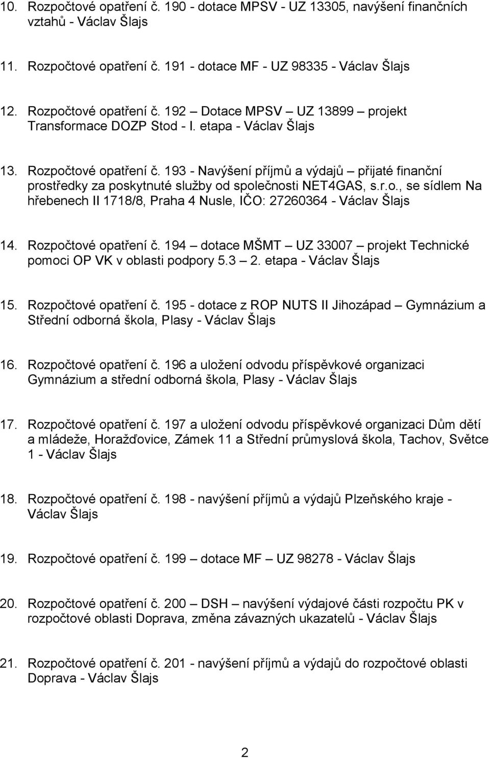 Rozpočtové opatření č. 194 dotace MŠMT UZ 33007 projekt Technické pomoci OP VK v oblasti podpory 5.3 2. etapa - Václav Šlajs 15. Rozpočtové opatření č.