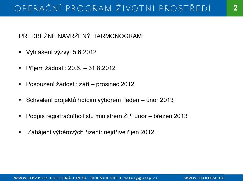 2012 Posouzení žádostí: září prosinec 2012 Schválení projektů řídícím