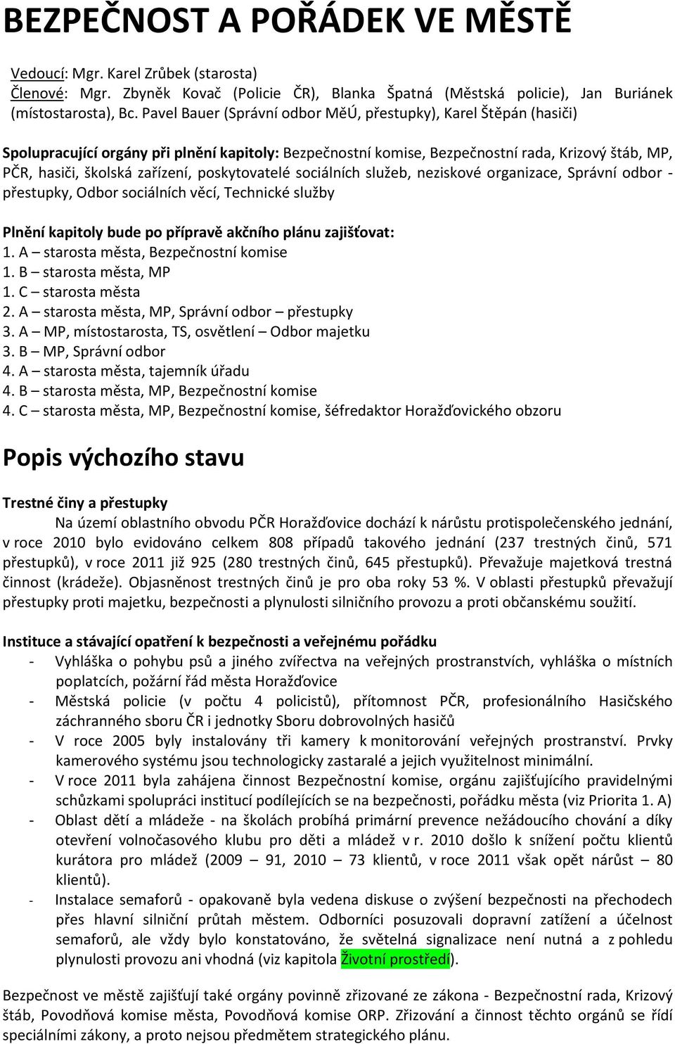 sciálních služeb, neziskvé rganizace, Správní dbr - přestupky, Odbr sciálních věcí, Technické služby Plnění kapitly bude p přípravě akčníh plánu zajišťvat: 1. A starsta města, Bezpečnstní kmise 1.