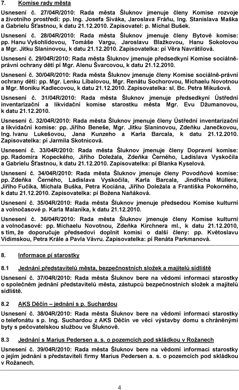 Hanu Vyšohlídovou, Tomáše Vargu, Jaroslavu Blažkovou, Hanu Sokolovou a Mgr. Jitku Slaninovou, k datu 21.12.2010. Zapisovatelka: pí Věra Navrátilová. Usnesení č.