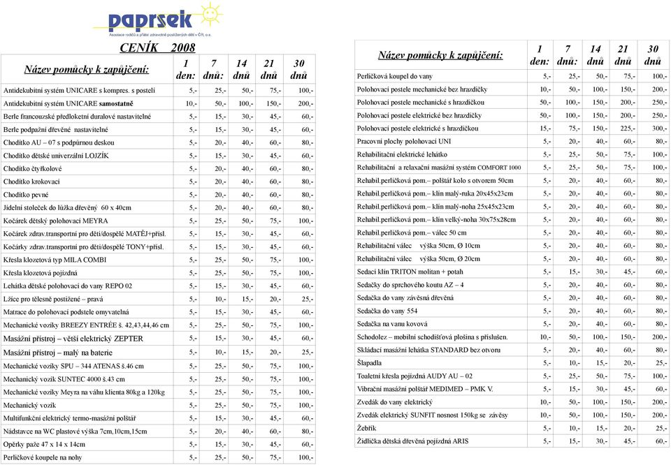 dřevěné nastavitelné 5,- 15,- 30,- 45,- 60,- Chodítko AU 07 s podpůrnou deskou 5,- 20,- 40,- 60,- 80,- Chodítko dětské univerzální LOJZÍK 5,- 15,- 30,- 45,- 60,- Chodítko čtyřkolové 5,- 20,- 40,-