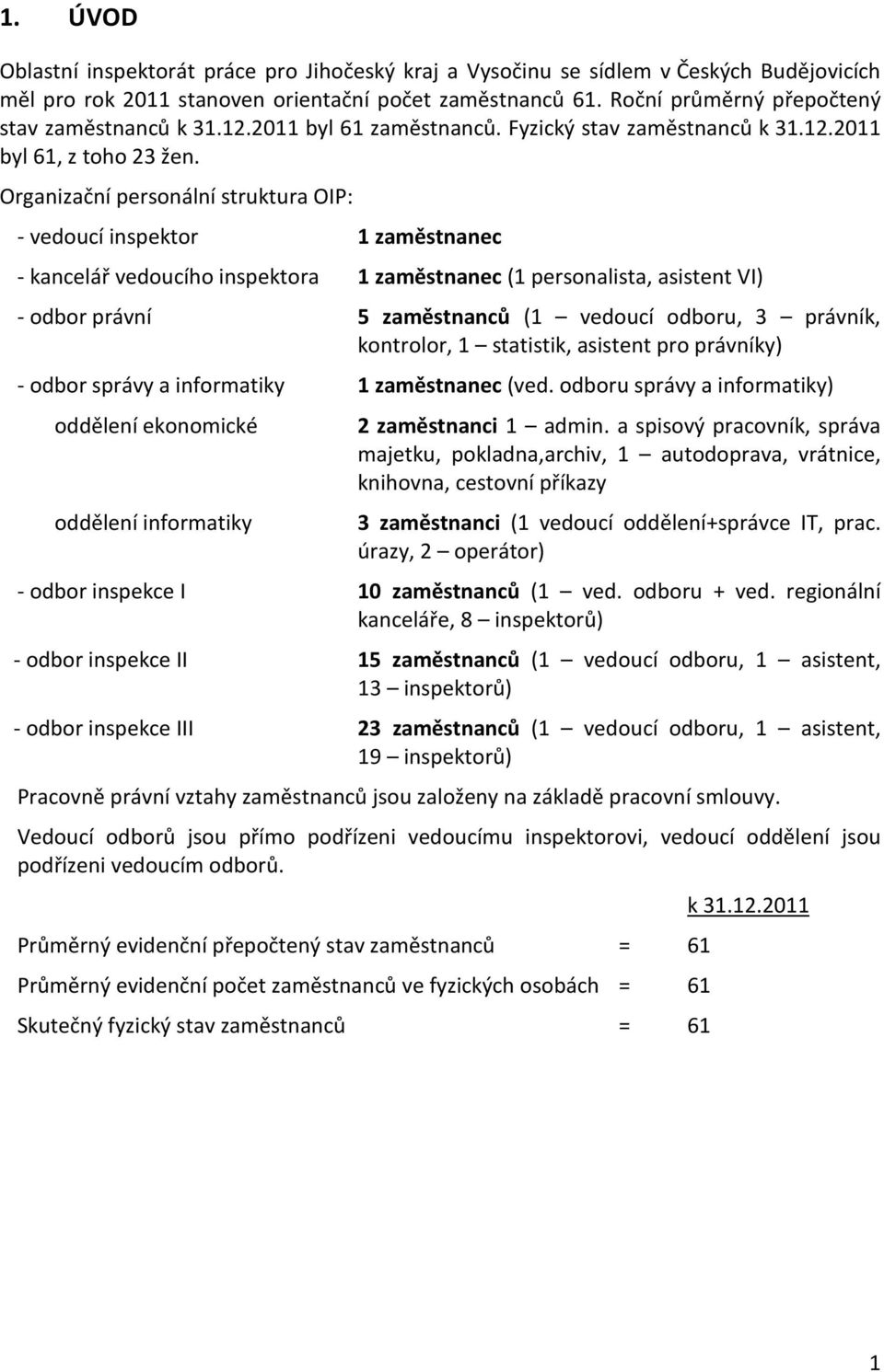 Organizační personální struktura OIP: - vedoucí inspektor 1 zaměstnanec - kancelář vedoucího inspektora 1 zaměstnanec (1 personalista, asistent VI) - odbor právní 5 zaměstnanců (1 vedoucí odboru, 3