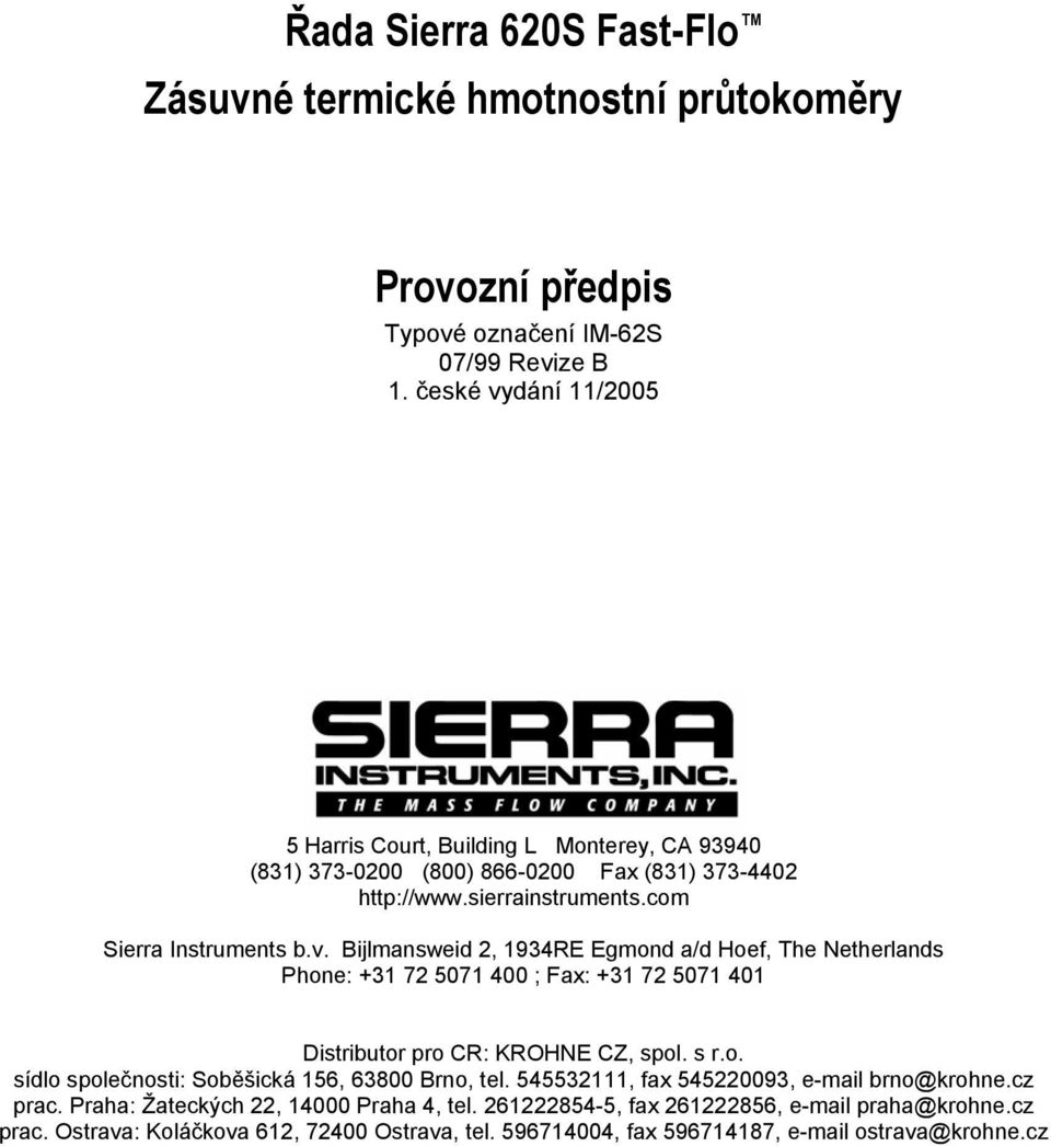 Řada Sierra 620S Fast-Flo Zásuvné termické hmotnostní průtokoměry. Provozní  předpis - PDF Stažení zdarma
