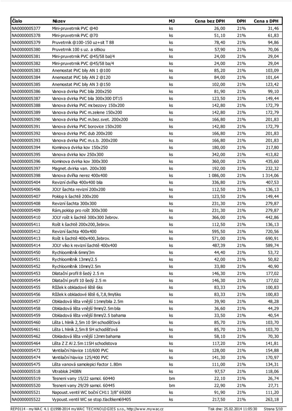 a sitkou ks 57,90 21% 70,06 NA0000005381 Mini-pruvetrnik PVC @45/58 bal/4 ks 24,00 21% 29,04 NA0000005382 Mini-pruvetrnik PVC @45/58 ba/4 ks 24,00 21% 29,04 NA0000005383 Anemostat PVC bily AN 1 @100