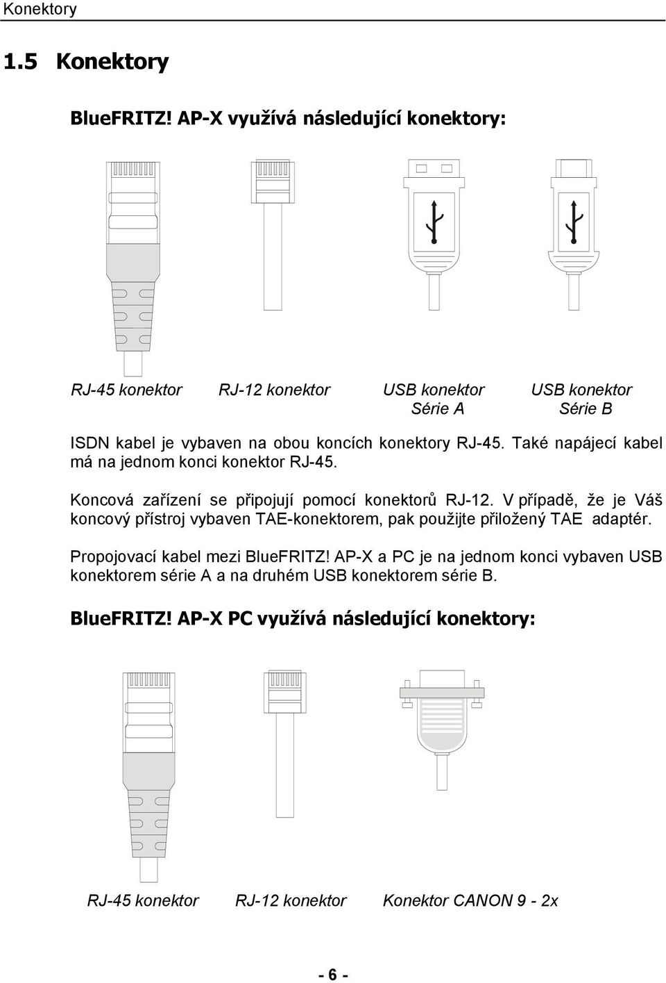 RJ-45. Také napájecí kabel má na jednom konci konektor RJ-45. Koncová zařízení se připojují pomocí konektorů RJ-12.