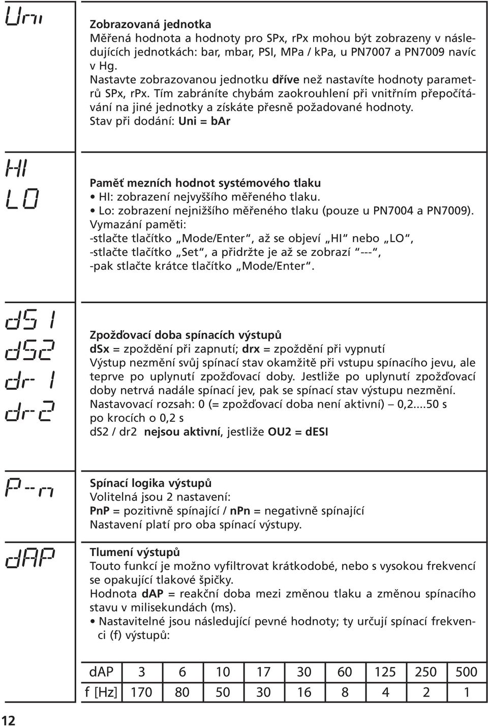 Stav při dodání: Uni = bar Paměť mezních hodnot systémového tlaku HI: zobrazení nejvyššího měřeného tlaku. Lo: zobrazení nejnižšího měřeného tlaku (pouze u PN7004 a PN7009).