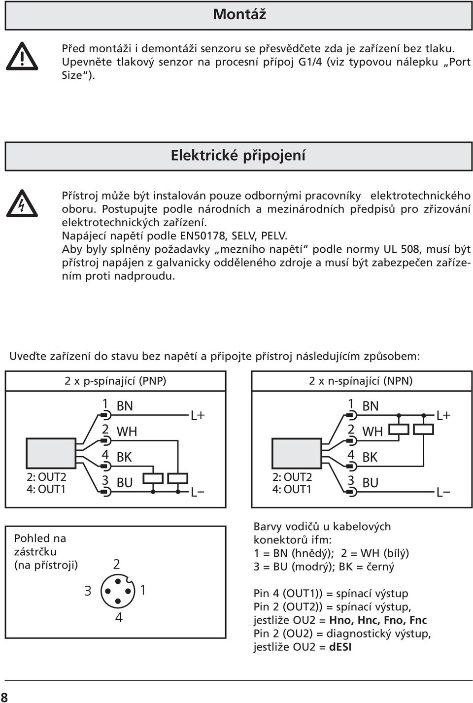 Napájecí napětí podle EN50178, SELV, PELV.