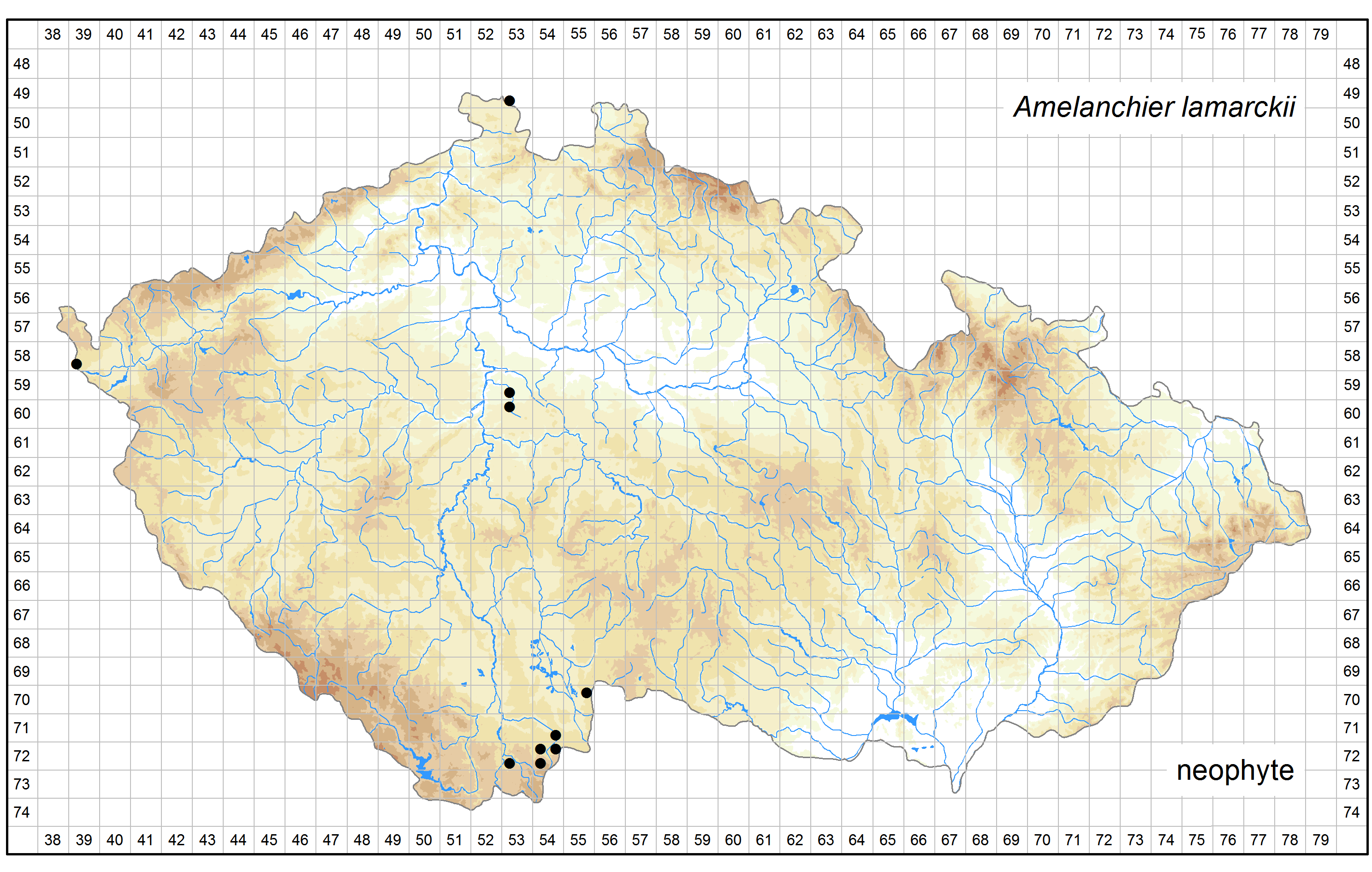 Distribution of Amelanchier lamarckii in the Czech Republic Author of the map: Petr Lepší, Martin Lepší Map produced on: 11-11-2016 Database records used for producing the distribution map of