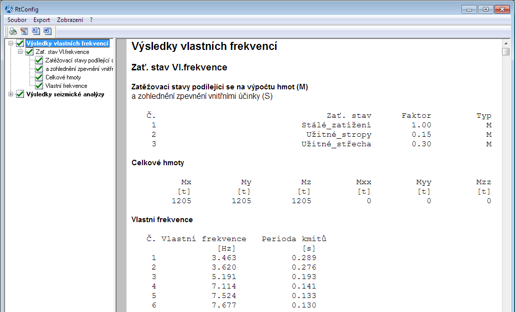 Vlastní frekvence a modální příspěvky strana 14 Výsledky frekvenční analýzy Vyhodnocení modální analýzy Přehled výsledků frekvenční a modální analýzy je sestaven do výstupního protokolu.