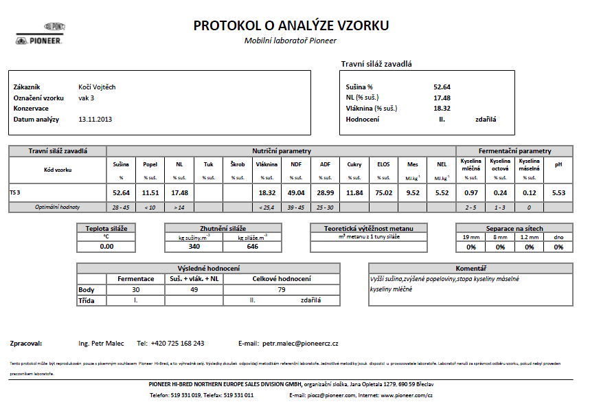 9. Přílohy Protokol kvality senáže vzorek 1 slisovaný lisem JD
