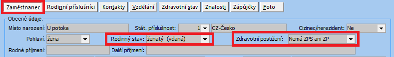 II. Záložka Osobní údaje - Zaměstnanec oblast Obecné údaje: