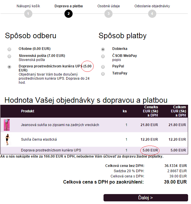 - Výpočet ceny dopravy (napr. na základe hmotnosti) už priamo vo výbere spôsobu dopravy. V prípade, že limit pre dopravu bol prekročený, cena je 0.