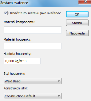 Obr.3. Volba parametrů svařence Materiál komponentu Umožňuje zadat název materiálu komponentu, který chcete použít.