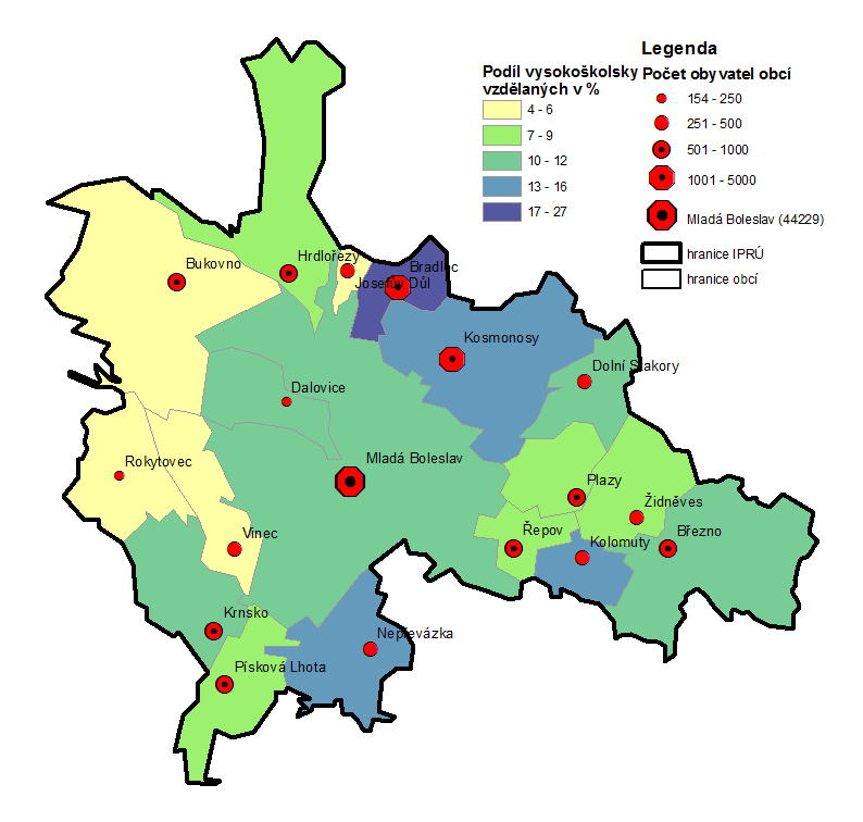 Mapa 4: Podíl vysokoškolsky vzdělaných obyvatel v obcích IPRÚ Mladá Boleslav Zdroj dat: SLDB 2011 2.