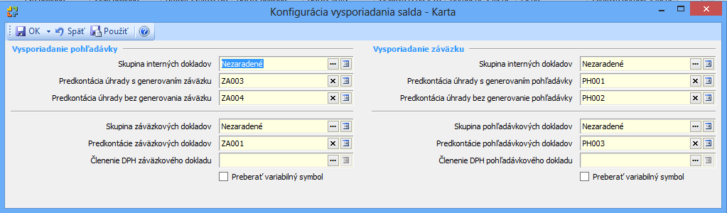 Konfigurácia Konfigurácia vysporiadania salda je realizovaná pomocou tlačidla Konfigurácia, vo vrchnej časti okna Vysporiadanie prehradených pohľadávok/záväzkov.