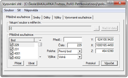 Síť liniového charakteru byla vyrovnána jako vázaná. Jako pevné body, jejichž souřadnice zůstaly neměnné, byly nastaveny body určené metodou GNSS.