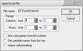 Import dat z Excelu Všechny listy do Workbooku Výběr listu pro import Jeden list jako datový list Které řádky a sloupce načíst z