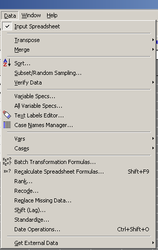 Menu Data Transponování (přehození řádků a sloupců buď celého souboru nebo bloku dat) Spojování souborů dat podle proměnných, řádků nebo textových popisek Řazení dat, výběr nebo náhodný výběr dat z