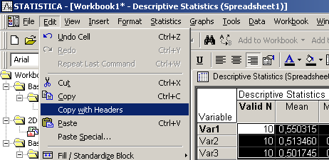 Kopírování a vkládání tabulek do MS Office V případě, že chceme zachovat i popisky tabulek, je nutné vybrat celou tabulku a použít položku menu Copy with Headers.