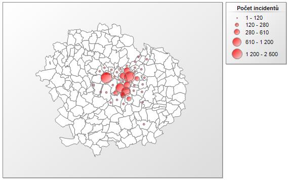 Obr. 4. Bodový kartodiagram četností výskytu TSK kategorie E. 2.