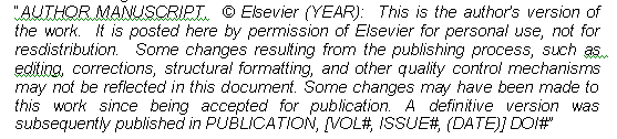 Smlouva s Elsevierem V záznamu musí být uvedeno DOI s odkazem na finální verzi článku vydanou vydavatelem a uvedení copyrightu vydavatelství Elsevier