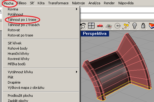 Příklad 6: Otevřete soubor Nápověda/Učíme se Rhino/Otevřít modely pro návody/loft.3dm a potáhněte nosné křivky plochou.