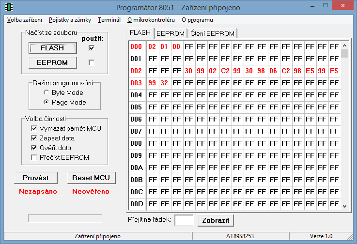 Obrázek 25 Náhled grafického prostředí Programátoru Stejně jako u konfiguračního programu se po spuštění provádí detekce připojení zařízení každých 500 ms.